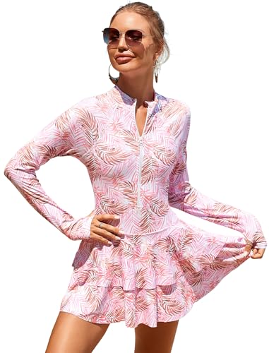 OBEEII Damen Badeanzug Langarm Bademode mit Rei�verschluss Rundhals Badeanzug Kleid Damen mit Rock Bedruckter Surf Anzug Beach Wear Rosa Bl�tter M OBEEII Damen Badeanzug Langarm Bademode mit Rei�verschluss Rundhals Badeanzug Kleid Damen mit Rock Bedruckter Surf Anzug Beach Wear Rosa Bl�tter M von OBEEII