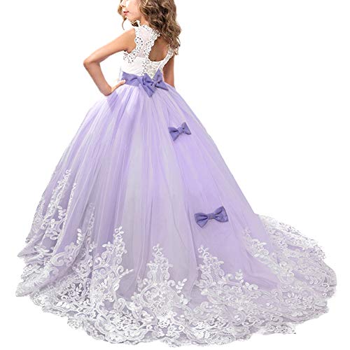 OBEEII Festliches Mädchen Kleider Lange Brautjungfern Kinder Kleider Hochzeit Party Prinzessin Blumenmädchen Kleid 8-9 Jahre Violett von OBEEII