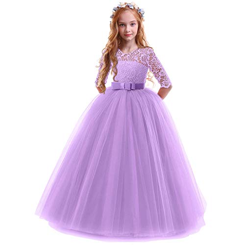 OBEEII Prinzessin Kleid Mädchen Abendkleid für Hochzeit Brautjungfer Blumenmädchen Geburtstag Party Jugendweihe Fasching Cocktail Dance Ballkleid Violett 5-6 Jahre von OBEEII