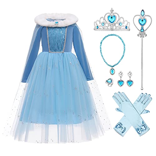 OBEEII Madchen Prinzessin ELSA Kleid Kostüm Eiskönigin 2 Langarm Samt ELSA Kostüm für Karneval Party, Verkleidung Halloween Fest 4-5 Jahre von OBEEII