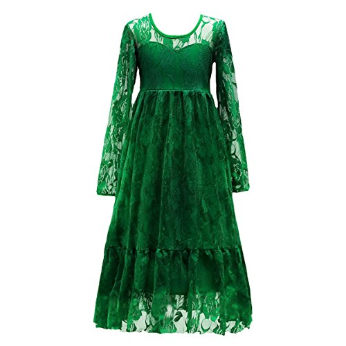 OBEEII Mädchen Blumenspitze Prinzessin Maxi Kleider Lange Ärmel Tüll Ballkleid für Abend Zeremonie Hochzeit Brautjungfer Kommunion Geburtstag Cocktail Abend Prom Party 10-11 Jahre Grün von OBEEII