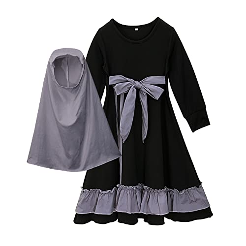 OBEEII Mädchen Gebetskleidung Kinder Muslimisches Islamische Abaya Langarmkleid mit Hijab 2 Stück Outfits Muslim Dubai Ramadan Corban Traditionelle Bekleidungssets Grau+Schwarz C 11-12 Jahre von OBEEII
