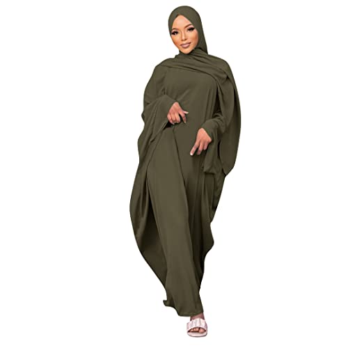 OBEEII Muslimisches Kleider Damen Einfarbig Islamisches Islamische Gebetskleidung in voller Länge Naher Osten Dubai Türkei Maxi Abaya fur Ramadan Beten Military Grün+Hijab von OBEEII