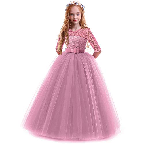 OBEEII Prinzessin Kleid Mädchen Abendkleid für Hochzeit Brautjungfer Blumenmädchen Geburtstag Party Jugendweihe Fasching Cocktail Dance Ballkleid Pale Mauve 13-14 Jahre von OBEEII