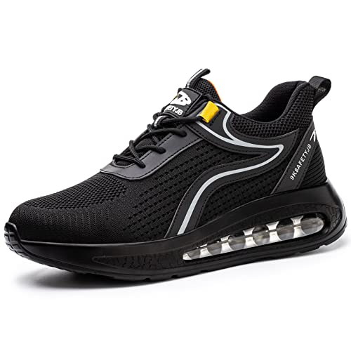 OBQcare Arbeitsschuhe Herren S3 Leicht Sicherheitsschuhe Stahlkappenschuhe Damen rutschfest Atmungsaktiv Sportlich Arbeitsturnschuhe Komfort Trekkingschuhe 38 Schwarz Silber von OBQcare