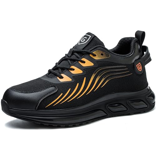 OBQcare Sicherheitsschuhe Herren Damen S3 Leicht Anti-Smashing Bequem Dämpfung rutschfest Atmungsaktiv Mode Sportlich Atmungsaktiv Stahlkappenschuhe Sneaker Schwarz Orange 39EU von OBQcare