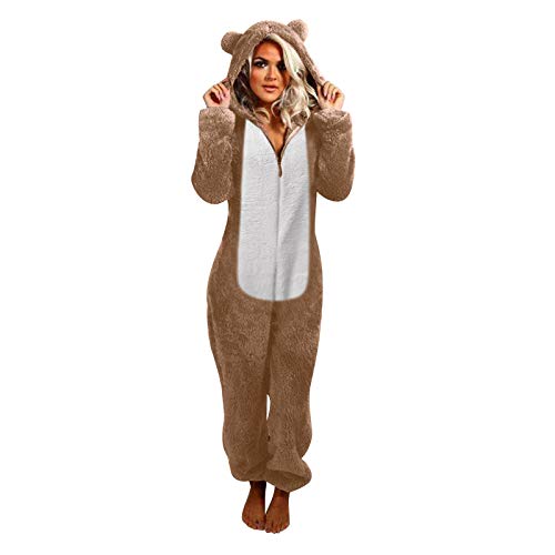 Bären Onesie Damen Teddy Fleece Overall Flauschig Schlafanzug Winter Warm Jumpsuit Mit Reißverschluss Erwachsene Hausanzug Plüsch Schlafanzugoverall Kuschelig Lang Pyjama Set Tier Kostüm S-5Xl von OBiQuzz