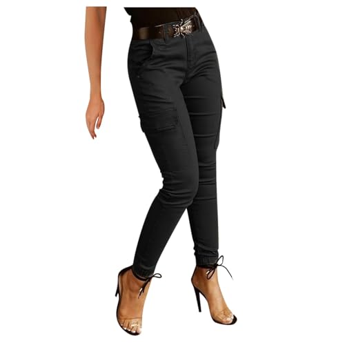 Cargohose Damen High Waist Cargo Pants Skinny Fit Arbeitshose Stretch Cargo Leggings Hose Mit Taschen Skinny Hosen Gummibund Seitentaschen Mädchen Sportleggins Cargo Motorradhose Biker Pants S-Xxl von OBiQuzz