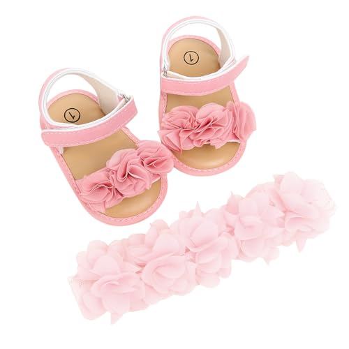 OBiQuzz Baby, Kleinkind, Mädchen, Rose, Prinzessin, Sandalen, The Floor, rutschfest, erste, Prewalker, Schuhe, Haarband, 2er-Set Babyschuhe 12-18 Monate Mädchen (Hot Pink, 12 Infant) von OBiQuzz