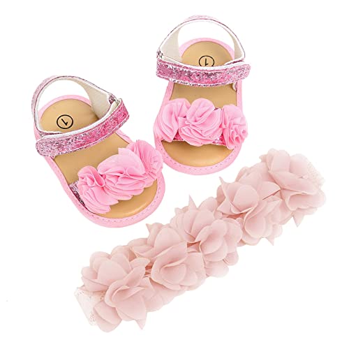 OBiQuzz Baby, Kleinkind, Mädchen, Rose, Prinzessin, Sandalen, The Floor, rutschfest, erste, Prewalker, Schuhe, Haarband, 2er-Set Babyschuhe 12-18 Monate Mädchen (Pink, 12 Infant) von OBiQuzz