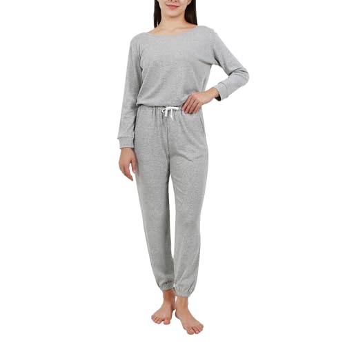 OCCIENTEC Pyjama Damen Zweiteilige Baumwolle Nachtwäsche Langärmliger Oberteil und Hose Schlafanzug Damen Winter Pyjama Set(Grau,L) von OCCIENTEC