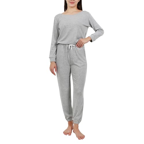 OCCIENTEC Pyjama Damen Zweiteilige Baumwolle Nachtwäsche Langärmliger Oberteil und Hose Schlafanzug Damen Winter Pyjama Set(Grau,M) von OCCIENTEC