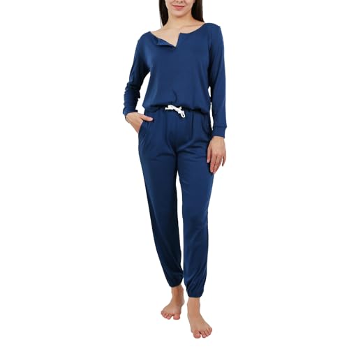 OCCIENTEC Pyjama Damen Zweiteilige Baumwolle Nachtwäsche Langärmliger Oberteil und Hose Schlafanzug Damen Winter Pyjama Set mit V-Ausschnitt(Blau,L) von OCCIENTEC