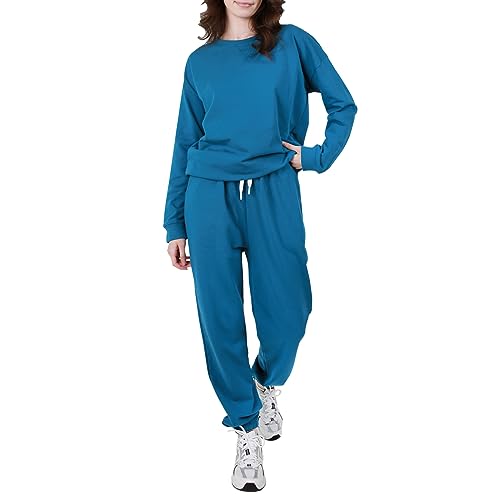 OCCIENTEC Trainingsanzug Damen Zweiteilige Oberteil mit Rundhalsausschnitt und Lang Jogginghose Schlafanzug Damen Loungewear mit Taschen für Sport und Freizeit Blau, M von OCCIENTEC