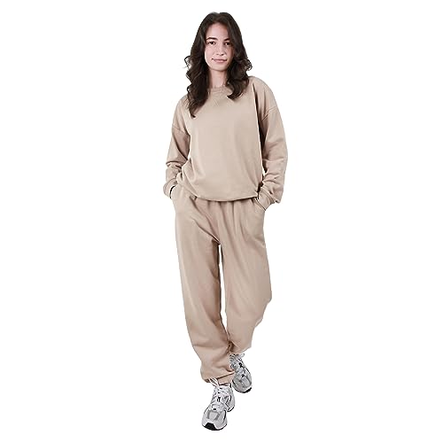 OCCIENTEC Trainingsanzug Damen Zweiteilige Oberteil mit Rundhalsausschnitt und Lang Jogginghose Schlafanzug Damen Loungewear mit Taschen für Sport und Freizeit Khaki, L von OCCIENTEC