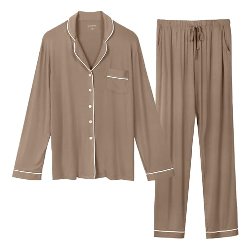 OCCIENTEC Pyjama für Damen Langarm Damen Schlafanzug mit Knopfleiste Nachtwäsche PJ Set Langarm Zweiteiliger Freizeitanzug Nachtwäsche Hausanzug Pyjama-Set für alle Jahreszeiten(Khaki,M) von OCCIENTEC