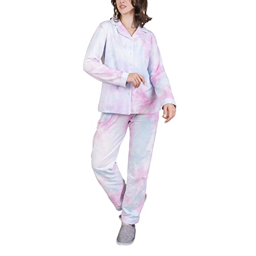 OCCIENTEC Pyjama für Damen Baumwoll Tie-Dye-Druck Damen Schlafanzug mit Knopfleiste Nachtwäsche PJ Set Langarm Zweiteiliger Freizeitanzug Nachtwäsche Hausanzug Pyjama-Set Rosa Tie Dye, L von OCCIENTEC
