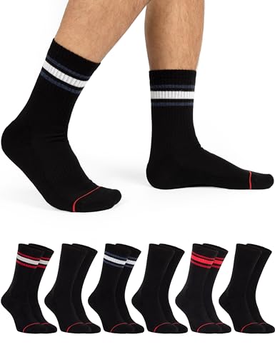 OCERA Active Premium Retro Sport und Freizeit Socken für Damen & Herren,6 Paar Tennissocken mit weicher Frottee Sohle mit Farbstreifen schwarz 39-42 von OCERA