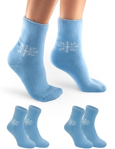 OCERA SUPER THERMO Socken für Damen, 2 Paar Ultra Warme Wintersocken mit flauschigem Innenfutter, Schneeflocken Motiv, TOG Vollplüsch, Extrem Heat, in Blau Gr. 35-38 von OCERA