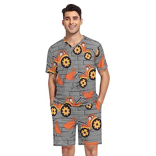 ODAWA Abstraktes Retro-Pyjama-Set für Herren, kurze Ärmel, Pyjama-Set, 2 Stück, Nachtwäsche-Sets, Orange Traktor, Medium von ODAWA