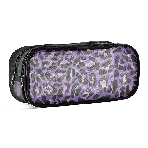 ODAWA Lila Rosa Leopard Multifunktions Federmäppchen Gitter Mesh Stift Federmäppchen mit Reißverschluss Federmäppchen für Mädchen 9,45 x 3,15 x 4,3 Zoll von ODAWA