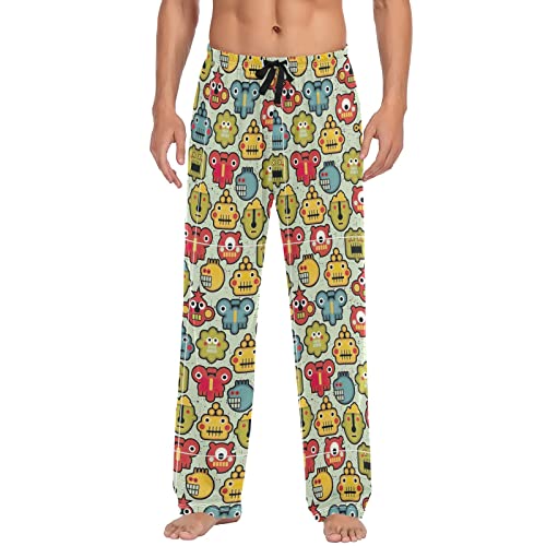 ODAWA Pyjamahose für Herren, Halloween, gruseliges Kürbisgesicht, Schlaf-Lounge-Hose mit Taschen, lange PJ Hose, Roboter niedliche Gesichter, Medium von ODAWA