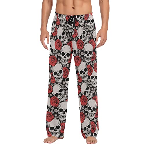 ODAWA Pyjamahose für Herren, Herbsternte, Schlaf-Lounge-Hose mit Taschen, lange PJ Hose, Halloween-Totenkopf-Rosen, X-Large von ODAWA