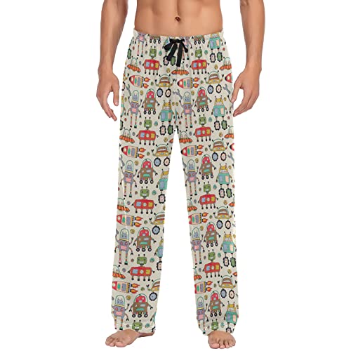 ODAWA Pyjamahose für Herren, Herbsternte, Schlaf-Lounge-Hose mit Taschen, lange PJ Hose, Niedliche, lustige Roboter, Medium von ODAWA