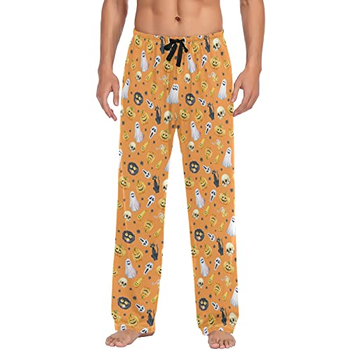 ODAWA Pyjamahose für Herren, Tribal-Muster, Schlaf-Lounge-Hose mit Taschen, lange PJ-Hose, Halloween Skelett Kürbis Katze, Large von ODAWA