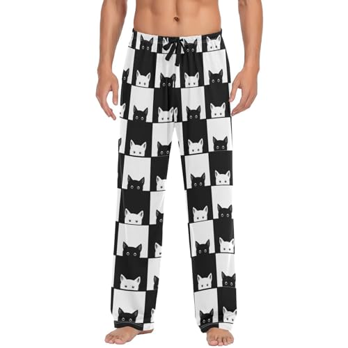 ODAWA Pyjamahose für Herren, traditioneller Stil, Schlafloungehose mit Taschen, lange Pyjamahose, Schwarze und weiße Katze, Small von ODAWA