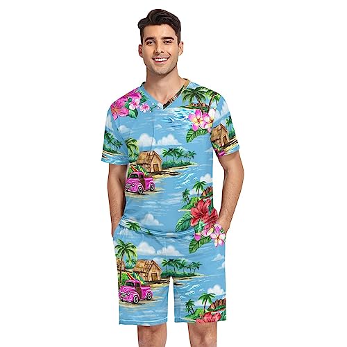 ODAWA Summer Beach Elements Herren-Pyjama-Set, kurzärmelig, 2-teiliges Nachtwäsche-Set, Hawaiianischer Rindentuch im Vintage-Stil, S von ODAWA