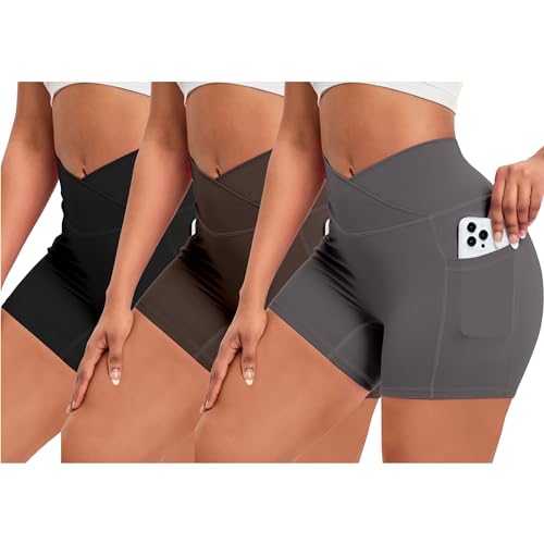 OEAK Damen Gym Shorts V Cross Scrunch Butt Sportshorts mit Handytasche High Wasit Push Up Kurz Leggings Sporthose Nahtlos Booty Laufhose Radlerhose(3PCS Schwarz + Dunkelgrau + Braun，M) von OEAK