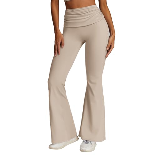 OEAK Damen Yogahose Bootcut Schlaghose High Waist Sporthose Freizeithose Blickdicht Flare Leggings Gym Workout Jogging Trainingshose Jazzpants,Aprikose,L von OEAK