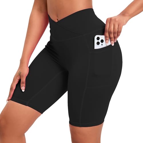 OEAK Gym Shorts Damen V Cross Scrunch Butt Sportshorts mit Handytasche High Wasit Push Up Kurz Leggings Sporthose Blickdichte Radlerhose Laufhose Hotpants(1PC Schwarz，M) von OEAK