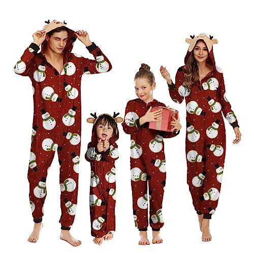 OEAK Weihnachts Schlafanzug Familie Einteiler Onesie Weihnachtspyjama Jumpsuit mit Kapuze und Reißverschluss Hausanzug für Damen Herren Kinder Baby,Herren-Weinrot Schneemann,L von OEAK