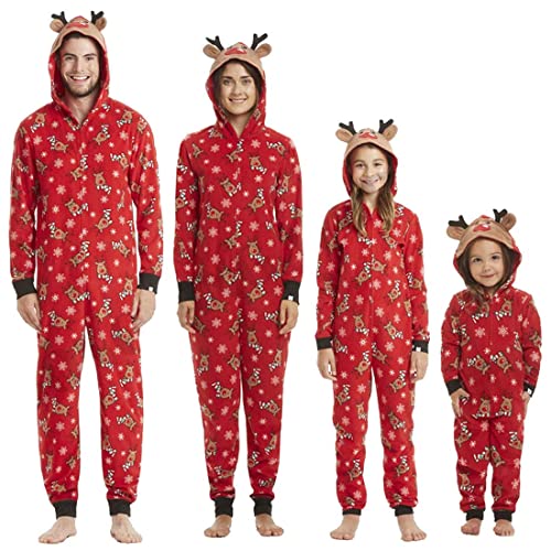 OEAK Weihnachts Schlafanzug Familie Einteiler Onesie Weihnachtspyjama Jumpsuit mit Kapuze und Reißverschluss Hausanzug für Damen Herren Kinder Baby,Unisex Kinder-Rot Elch,5 Jahre von OEAK