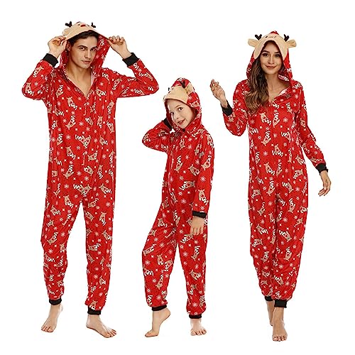 OEAK Weihnachts Schlafanzug Familie Einteiler Onesie Weihnachtspyjama Jumpsuit mit Kapuze und Reißverschluss Hausanzug für Damen Herren Kinder Baby,Damen-Rot Elch,M von OEAK