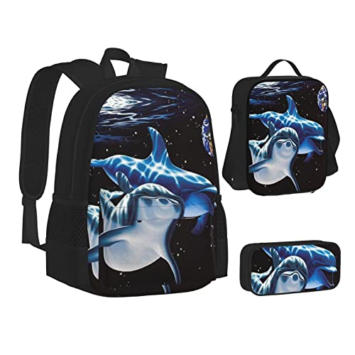 OGNOT Schulrucksack mit Blumen, Hasen, Vögel, bedruckt, für Teenager, Mädchen, Jungen, Schultaschen, Büchertasche mit Lunch-Tasche, Bleistift-Tasche, Reisetagesrucksack-Sets, Delfin Black, Einheitsgröße von OGNOT