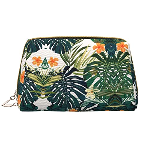 OGNOT Weißer Schwan-Kulturbeutel, Reise-Organizer für Männer und Frauen, leichte Leder-Make-up-Tasche, große Kosmetiktasche, Tropische Sommer-Hawaii-Blume, Palmenblätter, Einheitsgröße von OGNOT