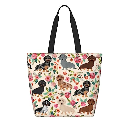 OHWODA Bunte Blume Schmetterling gedruckt große Kapazität Einkaufen Umhängetasche, wiederverwendbare Einkaufstasche, Tragetasche, Handtasche Tasche, Dackel Floral, Einheitsgröße von OHWODA