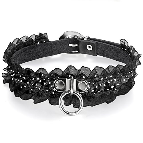 OIDEA Damen Choker Leder Halsband: Sexy Polka Dots Lederhalsband mit Spitze Lederkette mit Kreis Anhänger Einstellbar Verstellbar Schwarz für Party Kostüm Alltag von OIDEA