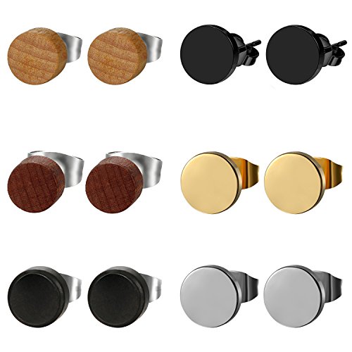 OIDEA Unisex Ohrringe Ohrstecker Rund: 6 Paare Herren Damen Ohrschmuck Set Flach 8mm breit aus Edelstahl Holz Schwarz Braun Silber Vintage Piercing Geschenk für Männer Junge Frauen Mädchen von OIDEA