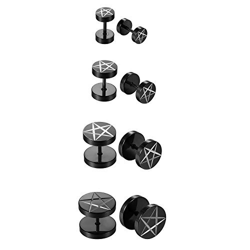 Herren Damen 4 Paare Edelstahl Ohrstecker Set schwarz , OIDEA Punk Rock vintage rund Creolen Ohrringe Set Huggie Piercing Ohr Stecker Durchmesser 6mm 8mm 10mm 12mm (Pentagram Ohrringe Set) von OIDEA