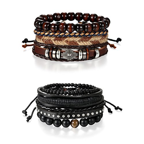 OIDEA Herren Leder Armband Set: 2 Pack Punk Rock Stil Geflochtene Vintage Kreuz Nieten Armreif Armkette Legierung Braun Schwarz Handgelenk Armschmuck Geschenk für Männer Junge von OIDEA