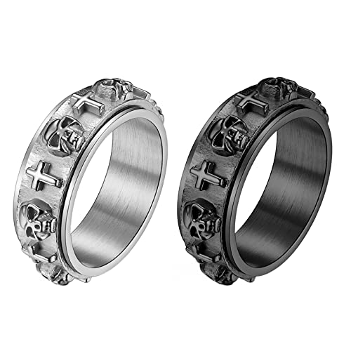 OIDEA Herren Spinner Ring Schädel: 2 Stück Spinnringe mit Totenkopf Cool Fidget Ringe Geschenk für Männer Schwarz Silber Größe 67 (21.3) von OIDEA