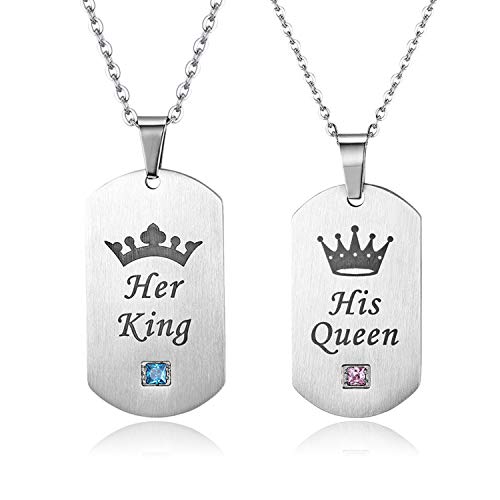 OIDEA 2 Stück Edelstahl Pärchen Dog Tag Halsketten Silber mit Her King His Queen Ketten mit Zirkonia Geschenke Für Damen Herren von OIDEA