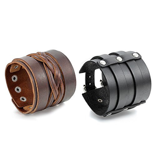 OIDEA 2PCS Herren Armband, Punk Rock 65MM gro?Breit Lederarmband Niet Armreif Handgelenk Armschmuck, Verstellbar, Schwarz Braun von OIDEA