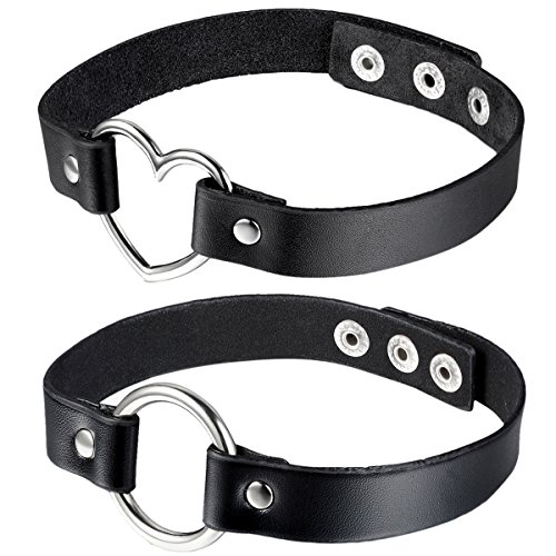 OIDEA Damen Leder Choker Halsband: 2 Stück Punk Rock Schwarz Lederhalsband Lederkette mit Kreis Herz Anhänger Druckknopf verstellbar Länge Hip Pop Schmuck für Kostüm Party Allstag von OIDEA