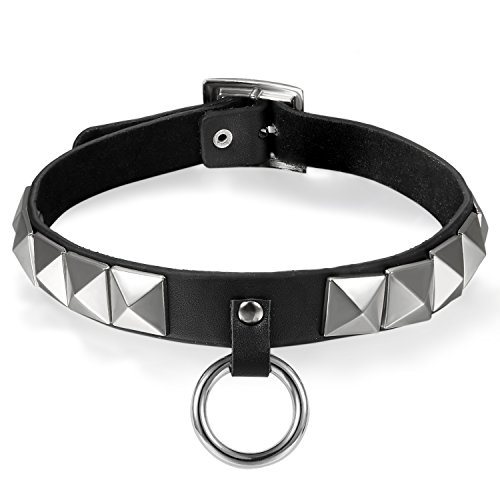 OIDEA Damen Leder Choker Halsband: Schwarz Punk Rock Lederhalsband mit Kreis Rautennieten Nieten Gotik Schmuck für Party Cosplay von OIDEA