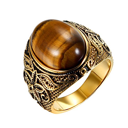 OIDEA Edelstahl Ringe Gold für Herren Damen, Vintage Künstliches Tigerauge Ringe Edelstahlring Herrenring Ringgrößen 54 (17.2) bis 67 (21.3) von OIDEA